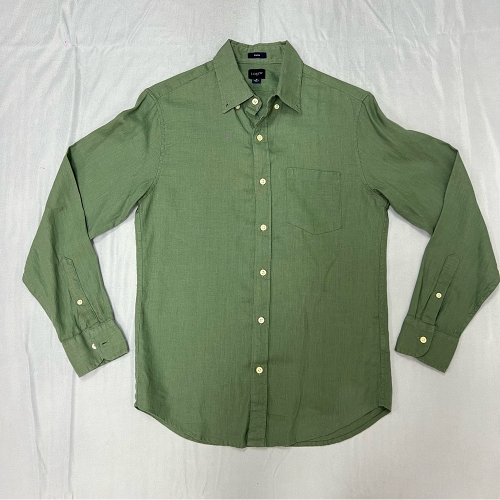 J. Crew Green Casual Soft Linen Slim Button Down Shirt with Point Collar